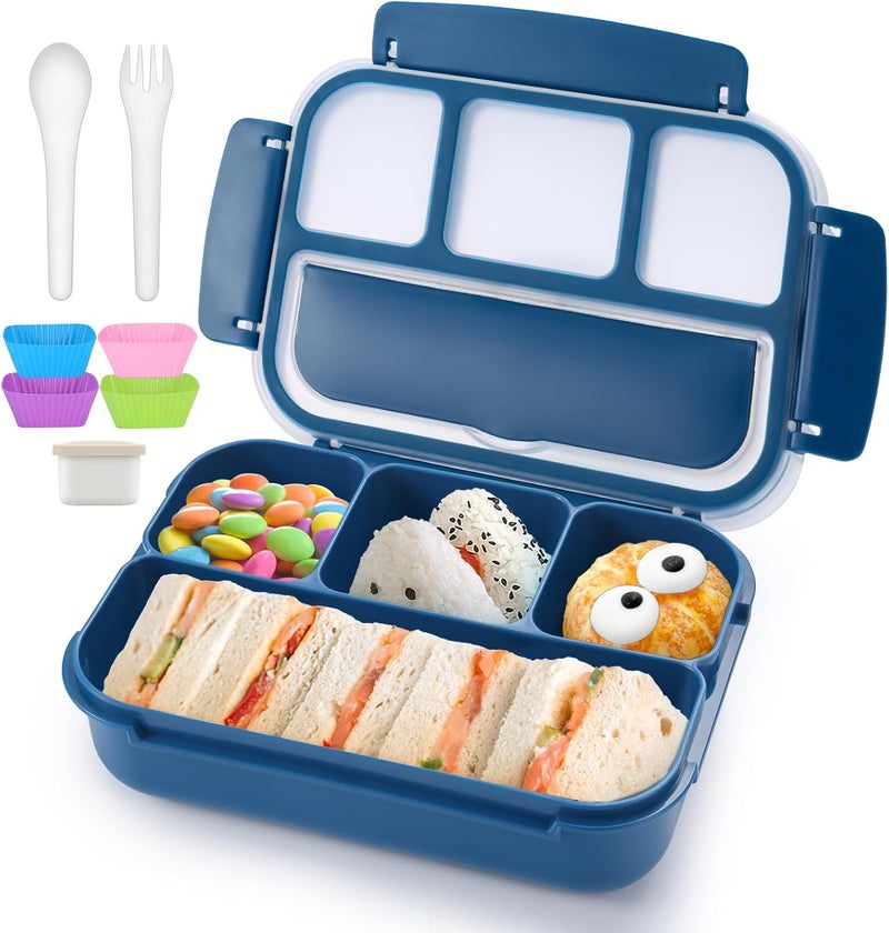 QQKO Bento Box Adult Lunch Box, Lunch Containers for Adults Men Women, Kids Lunch Boxes for School with 4 Compartments, Sauce Container, Utensils and Muffin Cups, Navy - Image 1